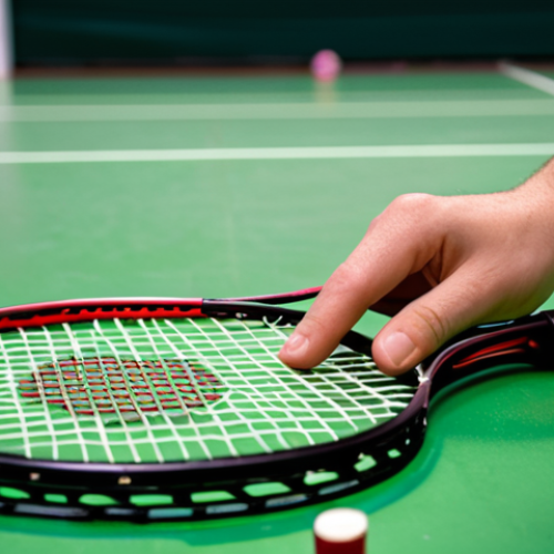 Home 4 **
A close-up shot of a badminton racket being restrung. The strings are taut and vibrant, contrasting with a blurred background of a badminton court. Focus on the precision and care involved in stringing, emphasizing the importance of maintaining string tension for accurate play. A hand is visible, carefully weaving the strings. Use bright, focused lighting.
**