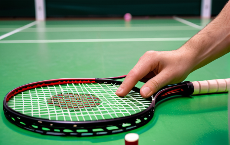 **
A close-up shot of a badminton racket being restrung. The strings are taut and vibrant, contrasting with a blurred background of a badminton court. Focus on the precision and care involved in stringing, emphasizing the importance of maintaining string tension for accurate play. A hand is visible, carefully weaving the strings. Use bright, focused lighting.
**