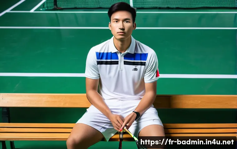 배드민턴 경기 중 집중력 유지 비법 - **Prompt:** A male badminton player, in his late 20s, with a focused and serene expression. He is se...