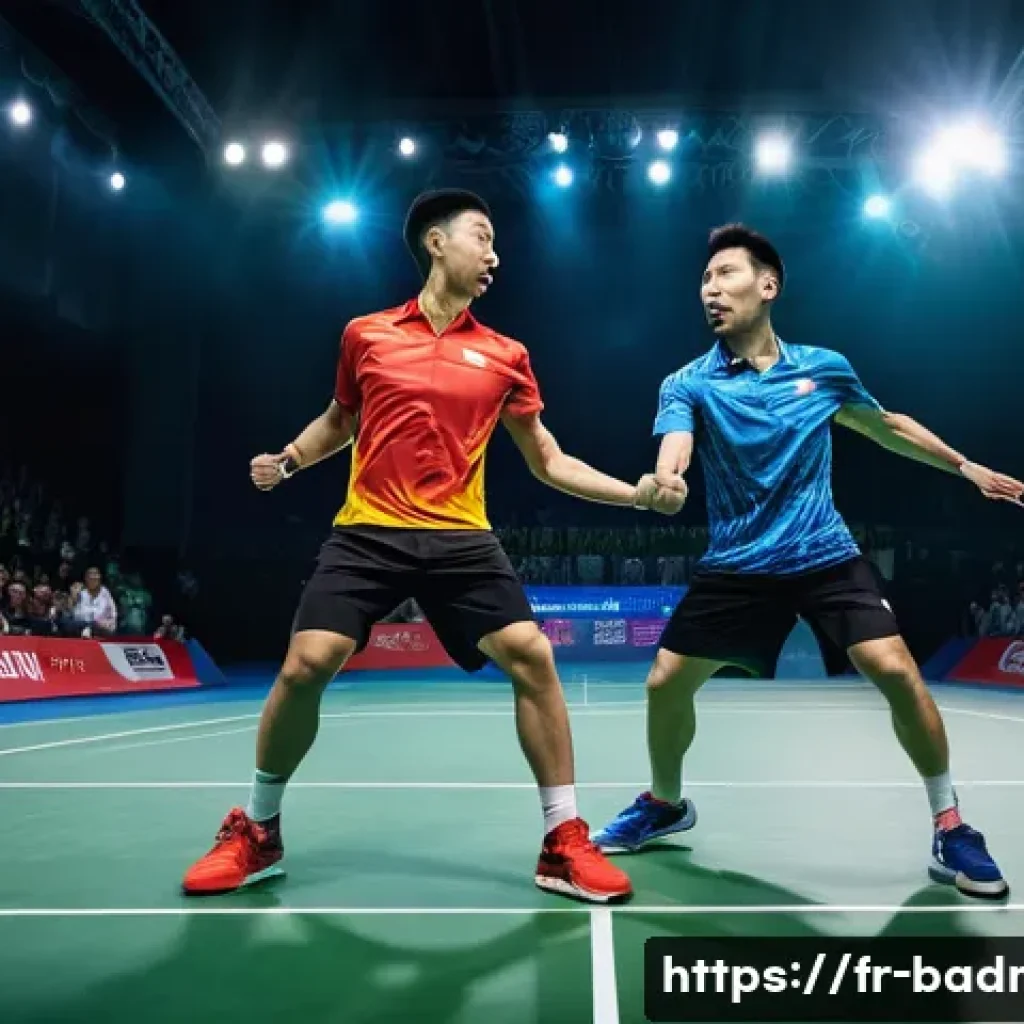 배드민턴 명예의 전당 소개 - **Prompt:** A dynamic, high-definition image capturing an intense badminton rally between two legend...