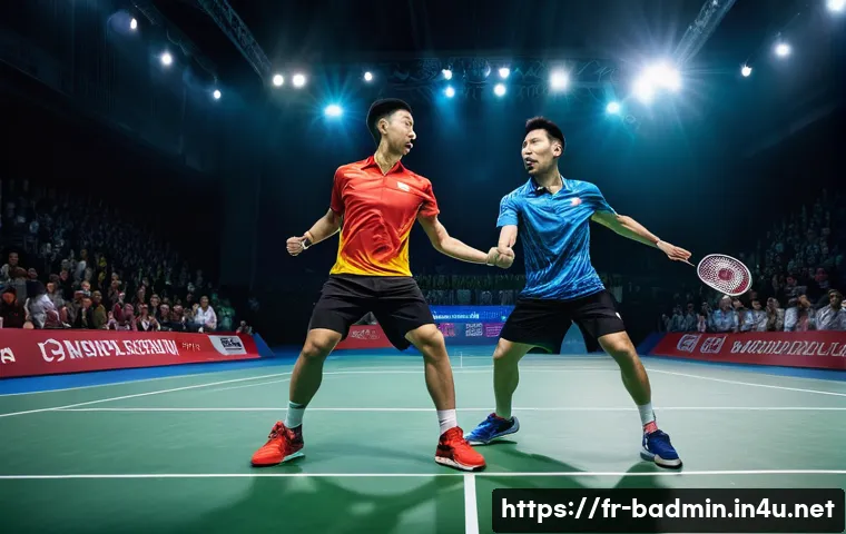 배드민턴 명예의 전당 소개 - **Prompt:** A dynamic, high-definition image capturing an intense badminton rally between two legend...